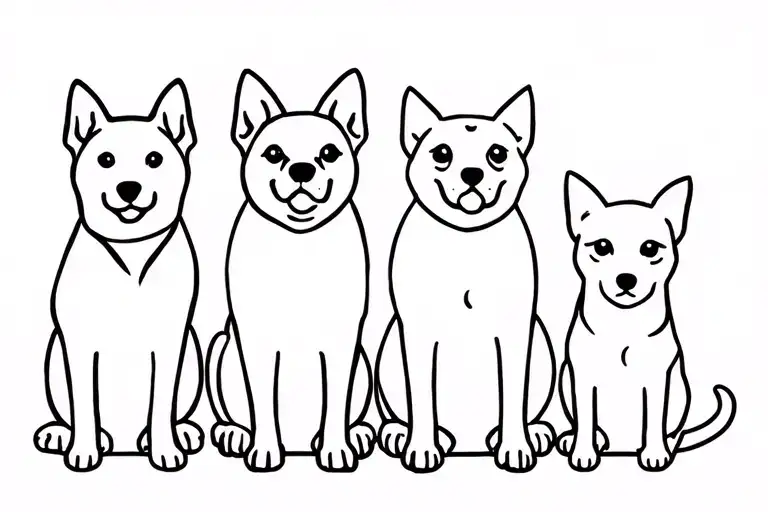 Simple outline of 4 animals sitting side by side; 2 dogs a German shepherd and a dachshund and 2 cats  tattoo design idea