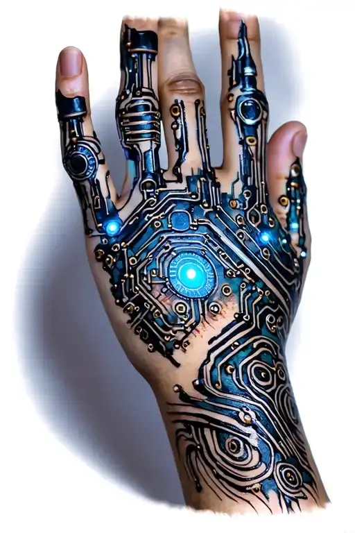 henna style with bio mechanical hand and arm tattoo showcasing circuits and lights glowing  tattoo design idea