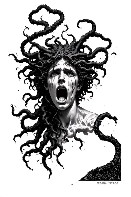 Medusa crying as statue head cracked tattoo design idea