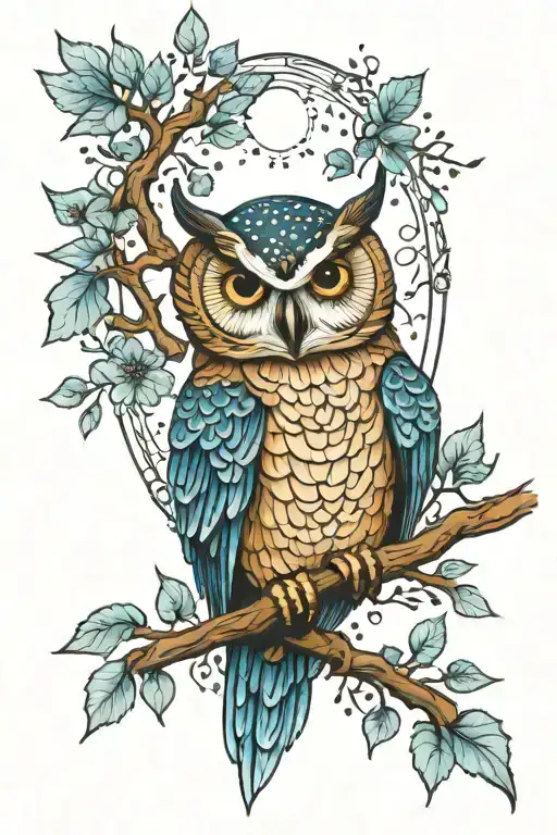 pleiades, owl perchedon branch tattoo design idea
