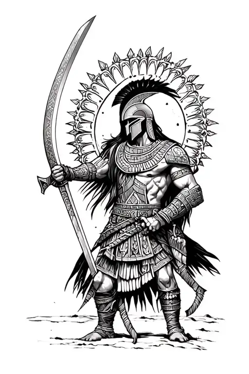 combine a spartan and aztec warrior wielding a sword tattoo design idea