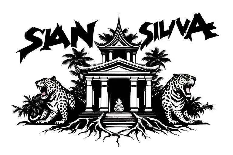 myan temple with roots  with the word silvaz showing above and behind it while 2 jaguars are roaring twords the temple  tattoo design idea