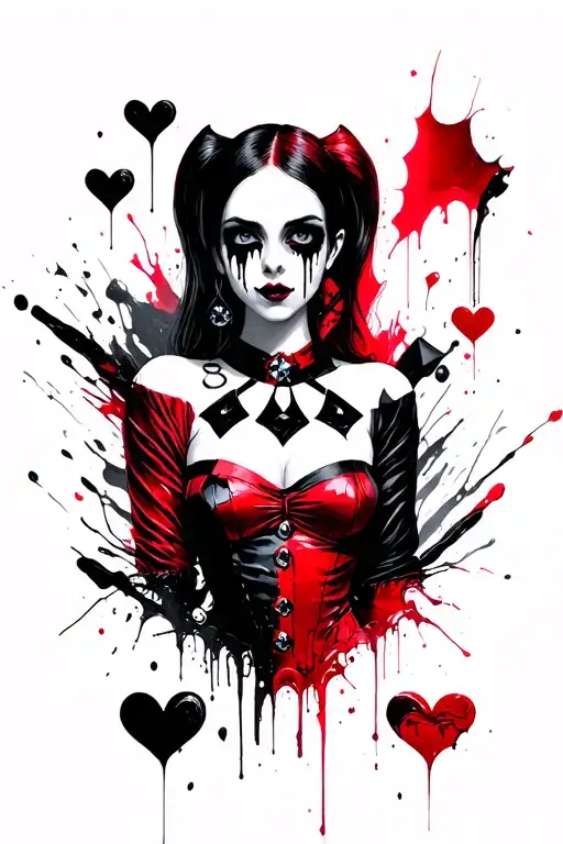 Feminine mystical tattoo: Wednesday Addams with black tears, Harley Quinn with hearts and diamonds, Wanda Maximoff with tattoo design idea