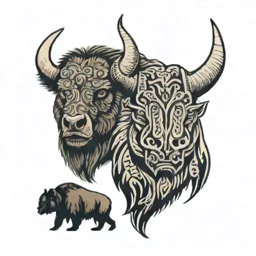 Two separate tattoos on the stomach. The first is a bear head tattoo on the left side. The second is a bison head tattoo on the right side. tattoo design idea