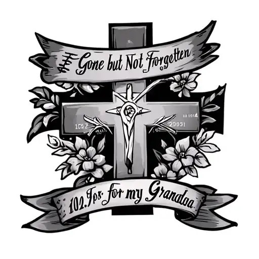 cross with the words gone but not forgotten in the cross and a date of 10.27.1954-5.31.2021 it's for my grandma tattoo design idea