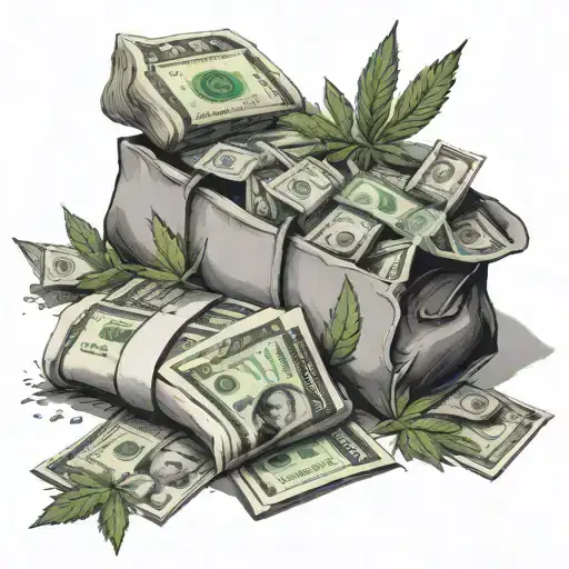 rolls of 100 dollar bills with weed growing out of it and a bags of money  tattoo design idea