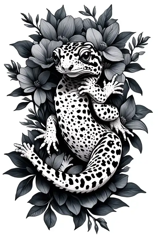 leopard gecko climbing in flowers intertwined tattoo design idea