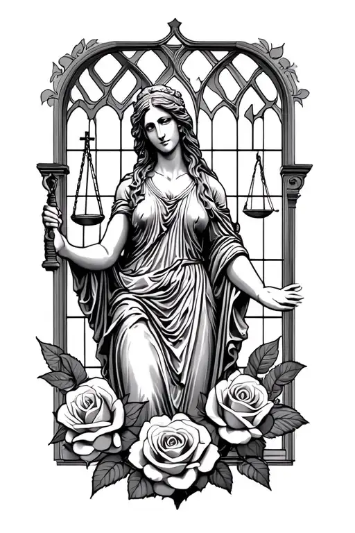 lady justice with church windows behind roses and craks  tattoo design idea