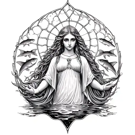 A small, delicate Virgo maiden placed at the center of the scale, and two tiny fish in each scales tattoo design idea