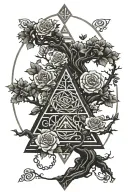 tree of life intertwined pyramid with eye and dragon  roses tattoo design idea