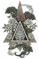 tree of life intertwined pyramid with eye and dragon  roses tattoo design idea