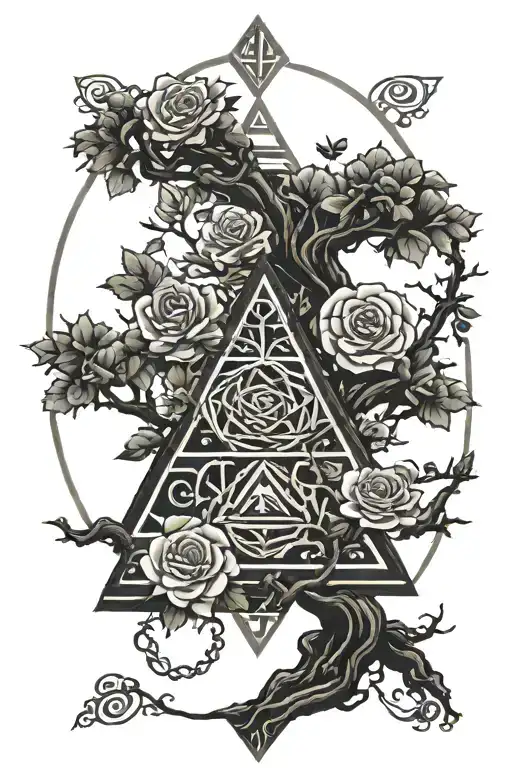 tree of life intertwined pyramid with eye and dragon  roses tattoo design idea