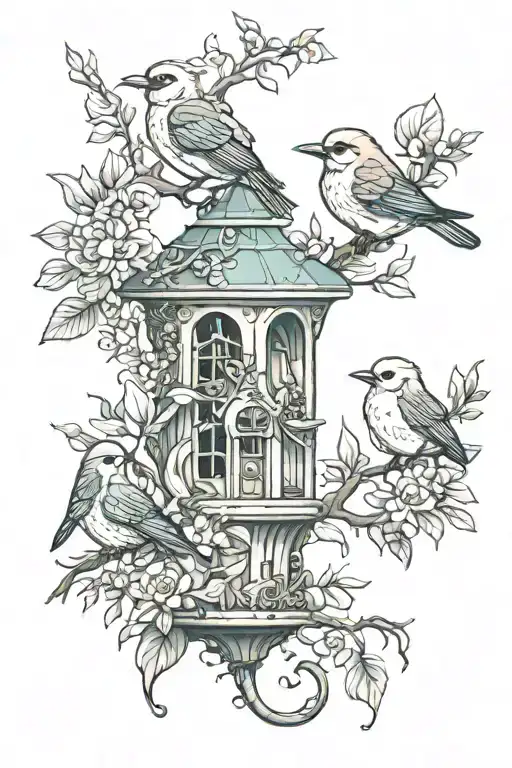 birds and fairy in forest  tattoo design idea
