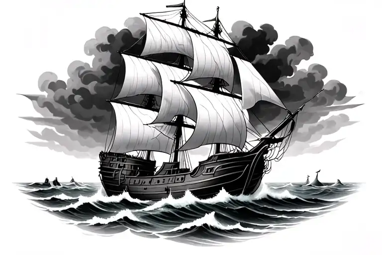 galleon, sea creature, storm tattoo design idea