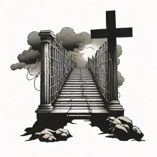 stairway to heaven gates with jesus at the top and fallen loved ones names on each step tattoo design idea