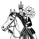 a horse wearing an opal studded headdress with a cricket dressed as a gentleman riding it carrying lotus flowers  tattoo design idea