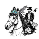 a horse wearing an opal studded headdress with a cricket dressed as a gentleman riding it carrying lotus flowers  tattoo design idea