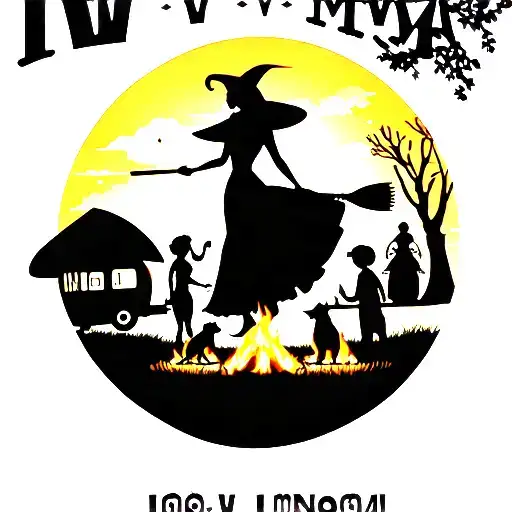 "IV V MMXIV" silhouette of busty sexy witch bride on broomstick over a campsite with a trailer and campfire with children & dog tattoo design idea
