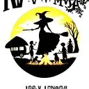 "IV V MMXIV" silhouette of busty sexy witch bride on broomstick over a campsite with a trailer and campfire with children & dog tattoo design idea