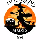 "IV V MMXIV" silhouette of busty sexy witch bride on broomstick over a campsite with a trailer and campfire with children & dog tattoo design idea