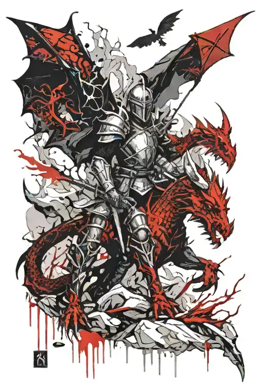 knight faced with dragon in an ice cave tattoo design idea