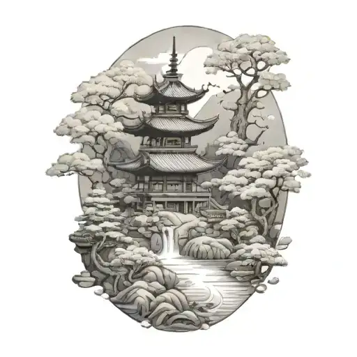 samuri with japanese garden scene tattoo design idea