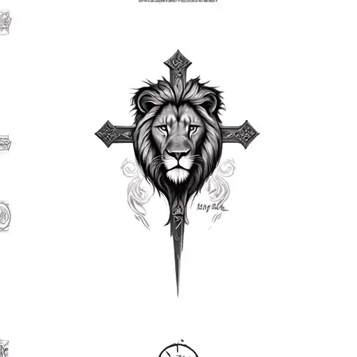 left shoulder tattoo using blacks, grays and white color, lion, christian cross, and a clock face tattoo design idea