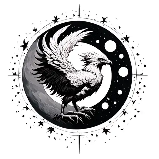 Phoenix (in the style of anime, graphics, minimalism), which is surrounded by all the phases of the moon tattoo design idea