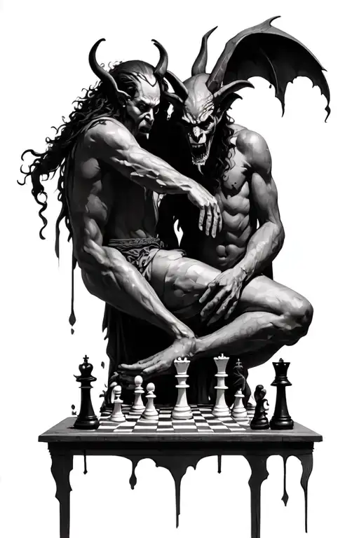 god and devil playing chess tattoo design idea
