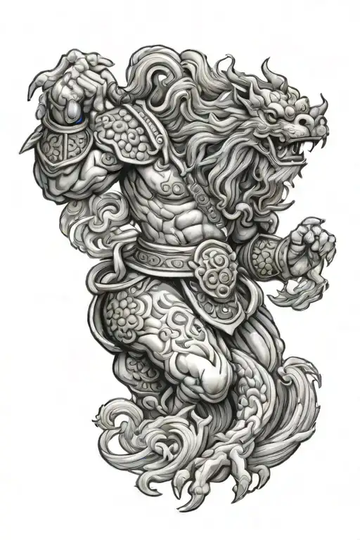 guan yu and foo dog Japanese style tattoo design idea