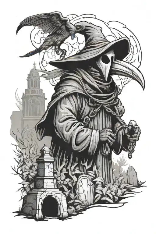 plague doctor in a graveyard tattoo design idea