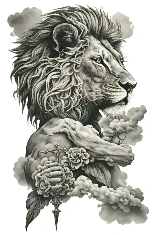 cross, Psalms 23:4, Lion, prayer hands, clouds surrounding tattoo design idea