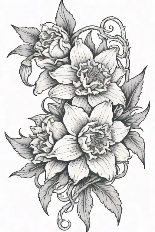 carnation daffodil marigold and narcissus around a crown of thorns tattoo design idea