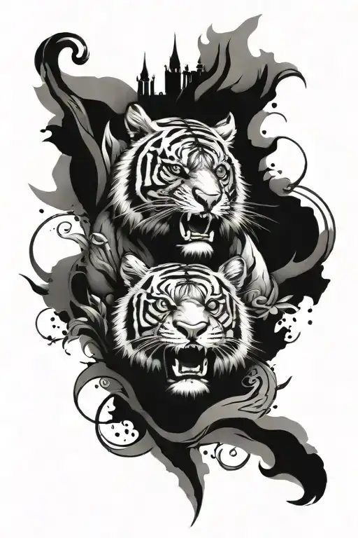 Tiger and Khmer temple surrounded tattoo design idea