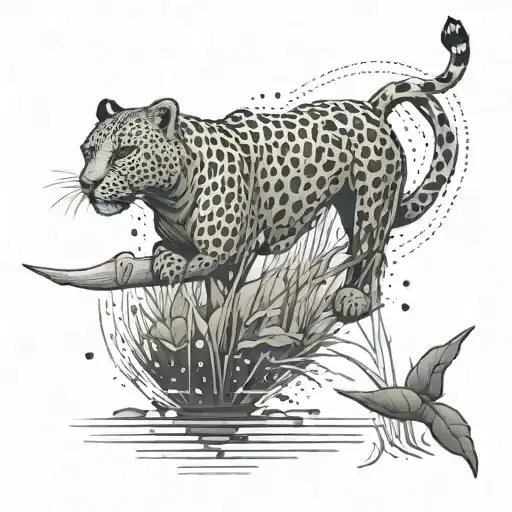A unique tattoo featuring a leopard fishing in a pixelated lake, symbolizing the client's love for both fishing and big cats. tattoo design idea