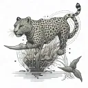 A unique tattoo featuring a leopard fishing in a pixelated lake, symbolizing the client's love for both fishing and big cats. tattoo design idea