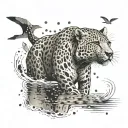 A unique tattoo featuring a leopard fishing in a pixelated lake, symbolizing the client's love for both fishing and big cats. tattoo design idea