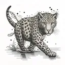 A unique tattoo featuring a leopard fishing in a pixelated lake, symbolizing the client's love for both fishing and big cats. tattoo design idea