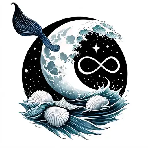 mermaid tail, ocean wave, shells, moon in background, infinity symbol tattoo design idea