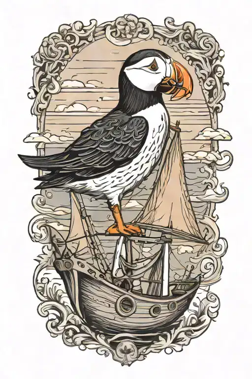 male puffin on a with an old scandinavian sailboat  tattoo design idea