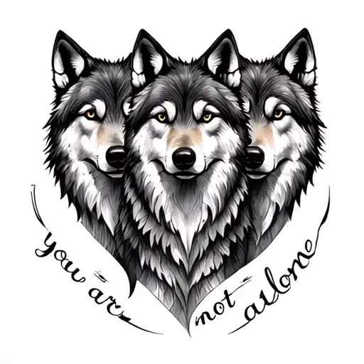 three wolves fineline detail, around quote 'you are not alone' tattoo design idea