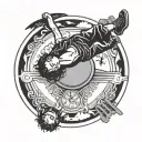 a top down view of a circular pedestal with a teenager dying while laying on his back facing the sky tattoo design idea