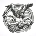 a top down view of a circular pedestal with a teenager dying while laying on his back facing the sky tattoo design idea