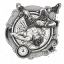 a top down view of a circular pedestal with a teenager dying while laying on his back facing the sky tattoo design idea