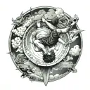 a top down view of a circular pedestal with a teenager dying while laying on his back facing the sky tattoo design idea