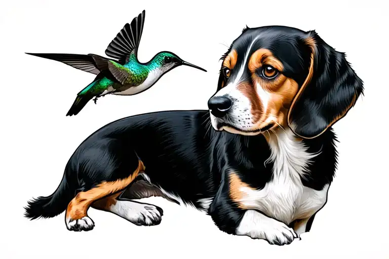 hummingbird and beagle hound dog in black tattoo design idea