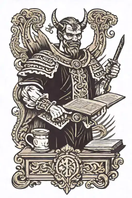 The devil in the guise of a judge smashes a tablet with the Ten Commandments with a hammer tattoo design idea