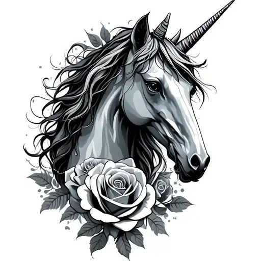 unicorn and roses intertwined tattoo design idea