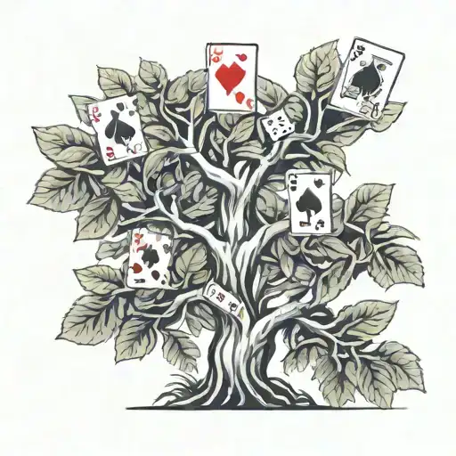 A detailed money tree with playing cards and poker chips intertwined in the branches tattoo design idea