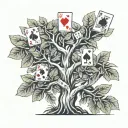 A detailed money tree with playing cards and poker chips intertwined in the branches tattoo design idea